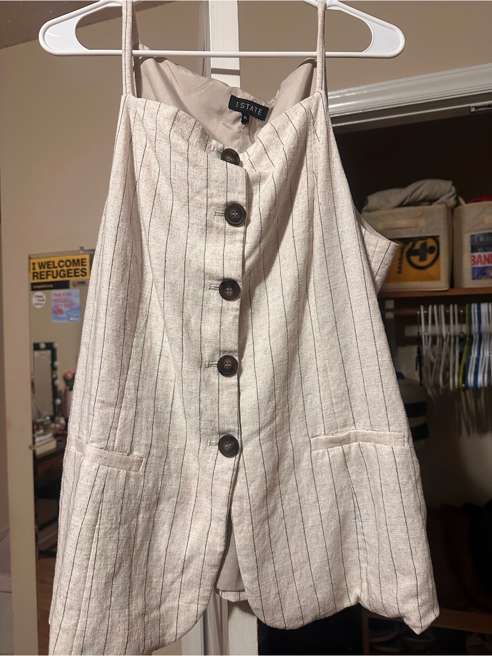 STATE Cream Pinstripe Linen-Blend Button-Front Jumpsuit
